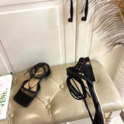 STRETCH LACE-UP FLAT SANDAL IN BLACK METALLIZED MESH AND LEATHER