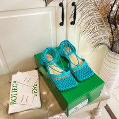 STRETCH LACE-UP FLAT SANDAL IN CERULEAN BLUE METALLIZED MESH AND LEATHER