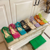 STRETCH LACE-UP FLAT SANDAL IN COOL GREEN METALLIZED MESH AND LEATHER