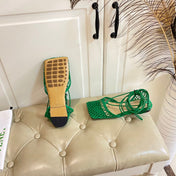 STRETCH LACE-UP FLAT SANDAL IN COOL GREEN METALLIZED MESH AND LEATHER