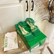 STRETCH LACE-UP FLAT SANDAL IN COOL GREEN METALLIZED MESH AND LEATHER