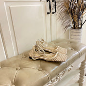 STRETCH LACE-UP FLAT SANDAL IN WHITE CREAM METALLIZED MESH AND LEATHER