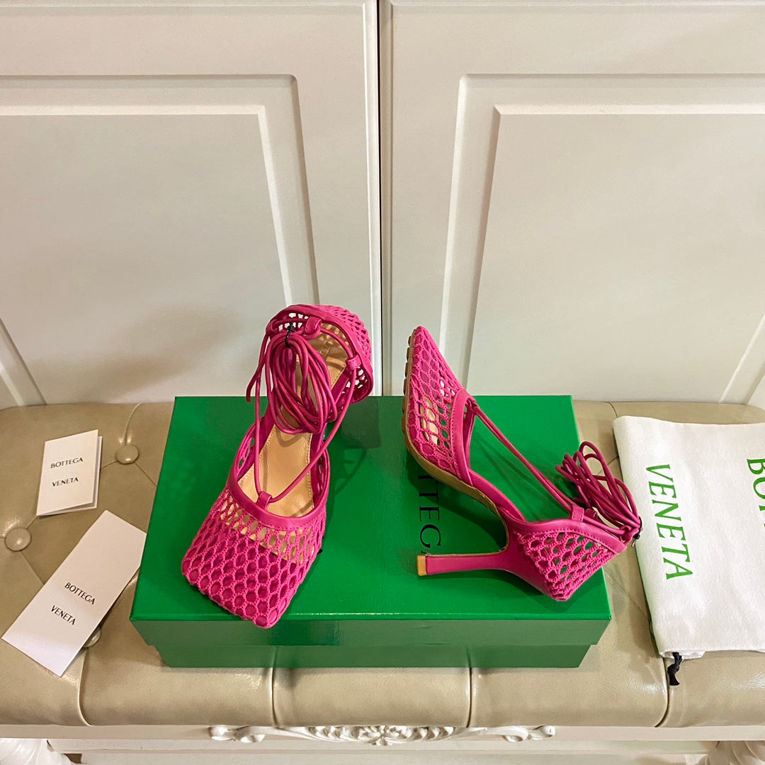 STRETCH LACE-UP SANDAL IN BRIGHT PINK METALLIZED MESH AND LEATHER 9 CM