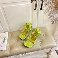 STRETCH LACE-UP SANDAL IN NEON GREEN METALLIZED MESH AND LEATHER 9 CM