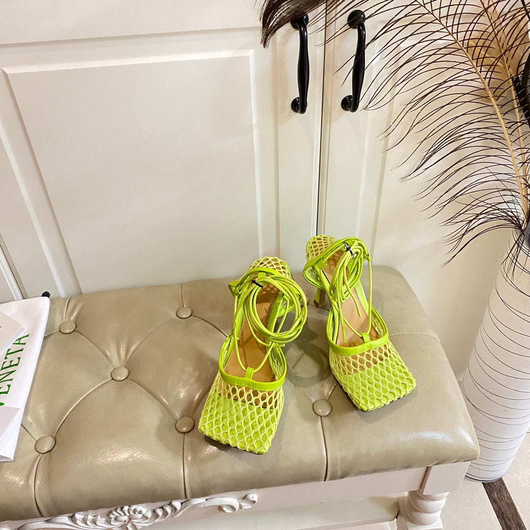 STRETCH LACE-UP SANDAL IN NEON GREEN METALLIZED MESH AND LEATHER 9 CM