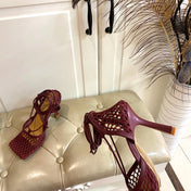 STRETCH LACE-UP SANDAL IN WINE RED METALLIZED MESH AND LEATHER 9 CM