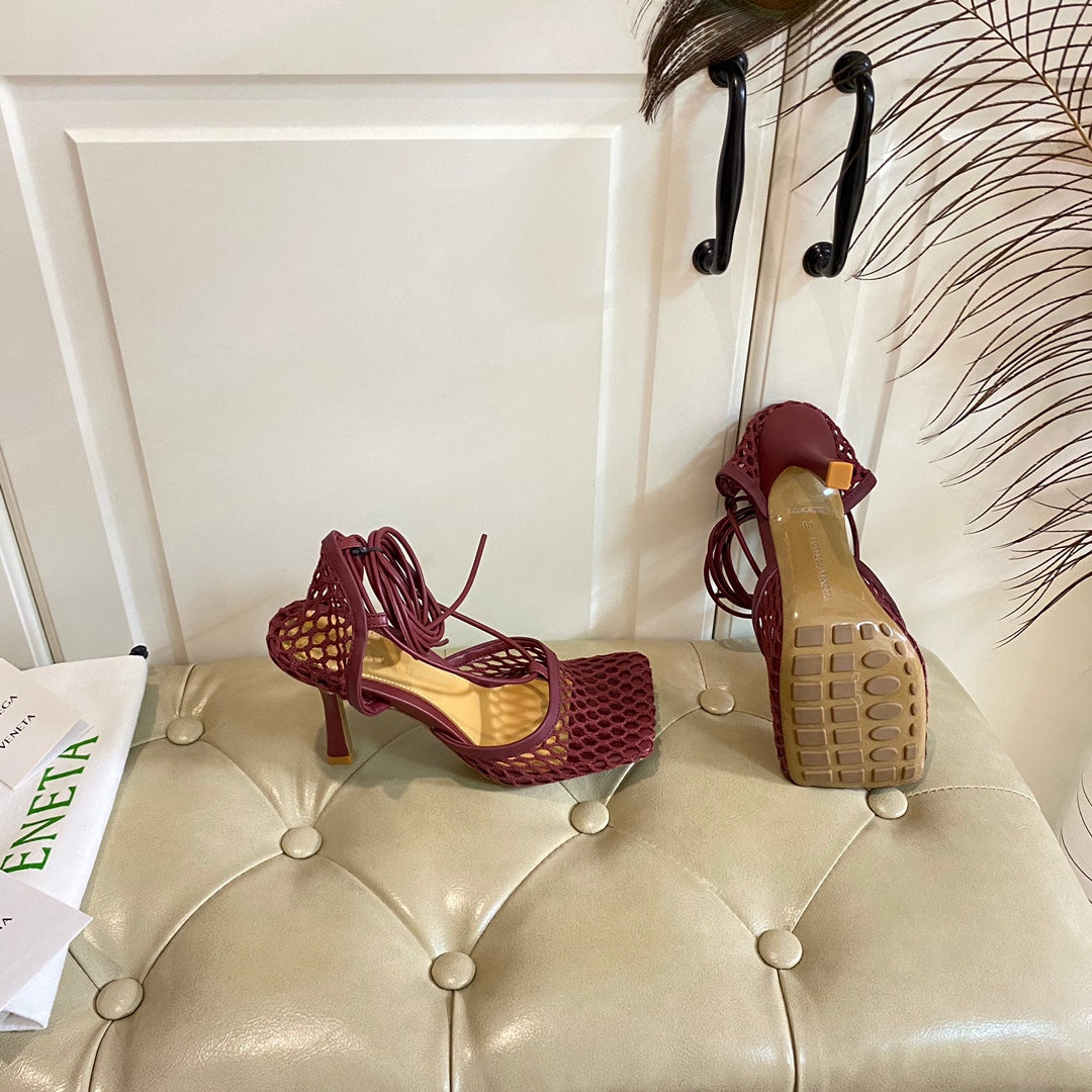 STRETCH LACE-UP SANDAL IN WINE RED METALLIZED MESH AND LEATHER 9 CM