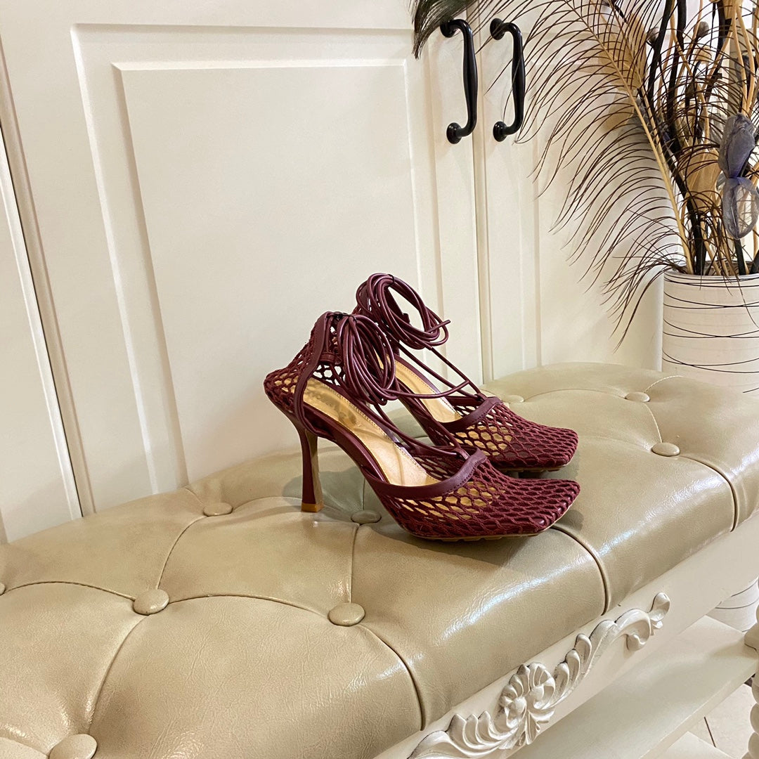 STRETCH LACE-UP SANDAL IN WINE RED METALLIZED MESH AND LEATHER 9 CM