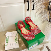 LACE-UP FLAT SANDAL IN RUBY RED METALLIZED MESH AND LEATHER WITH RHINSTONES