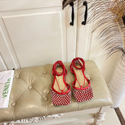 LACE-UP FLAT SANDAL IN RUBY RED METALLIZED MESH AND LEATHER WITH RHINSTONES