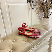 LACE-UP FLAT SANDAL IN RUBY RED METALLIZED MESH AND LEATHER WITH RHINSTONES