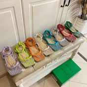 LACE-UP FLAT SANDAL IN NEON YELLOW METALLIZED MESH AND LEATHER WITH RHINSTONES