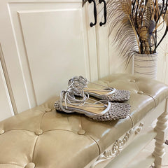 LACE-UP FLAT SANDAL IN SILVER METALLIZED MESH AND LEATHER WITH RHINSTONES