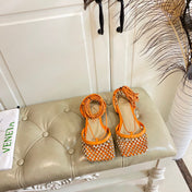 LACE-UP FLAT SANDAL IN VIVID ORANGE METALLIZED MESH AND LEATHER WITH RHINSTONES