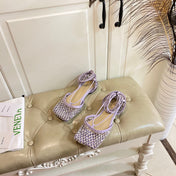 LACE-UP FLAT SANDAL IN LIGHT PURPLE METALLIZED MESH AND LEATHER WITH RHINSTONES