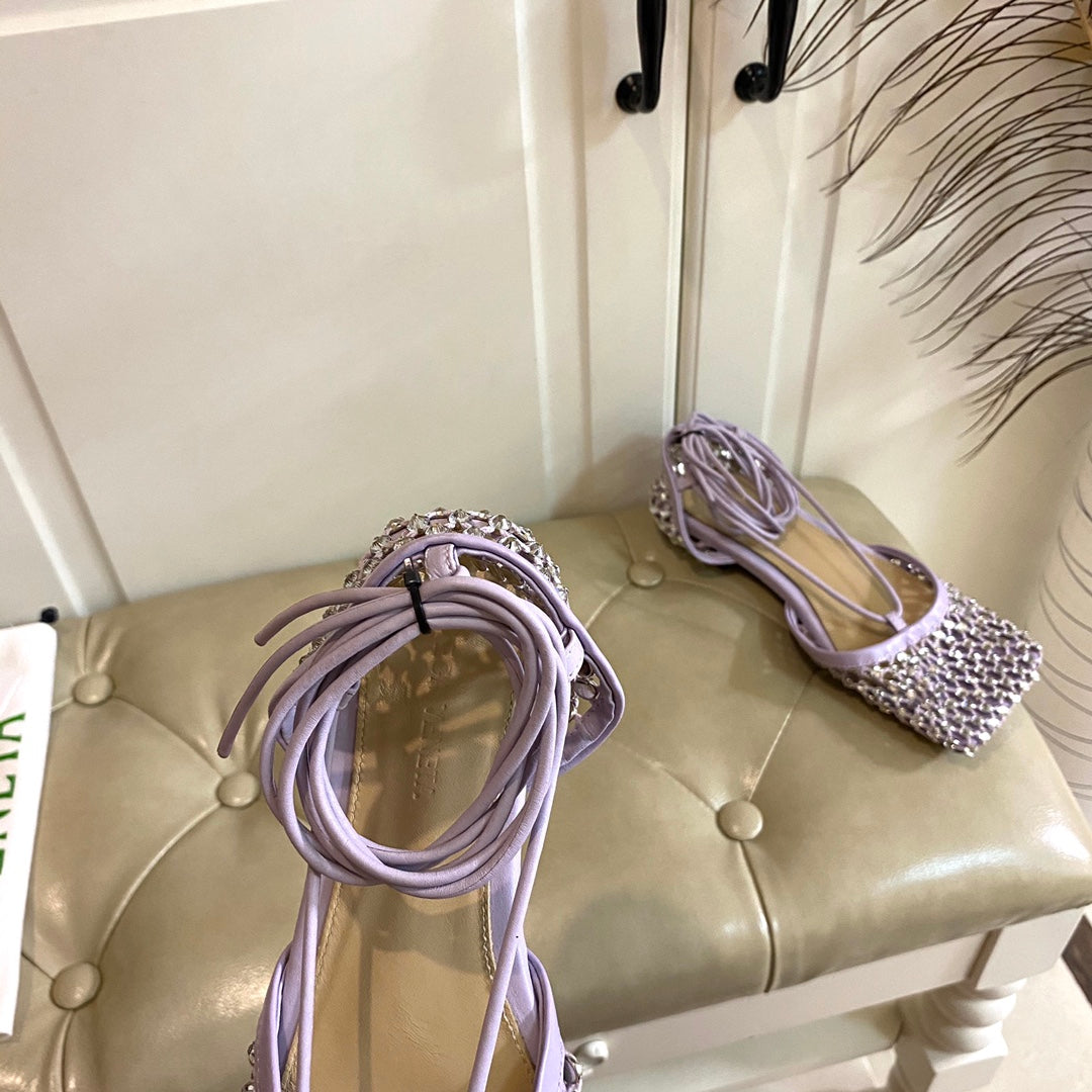 LACE-UP FLAT SANDAL IN LIGHT PURPLE METALLIZED MESH AND LEATHER WITH RHINSTONES