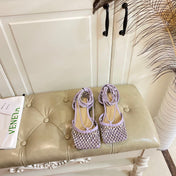 LACE-UP FLAT SANDAL IN LIGHT PURPLE METALLIZED MESH AND LEATHER WITH RHINSTONES