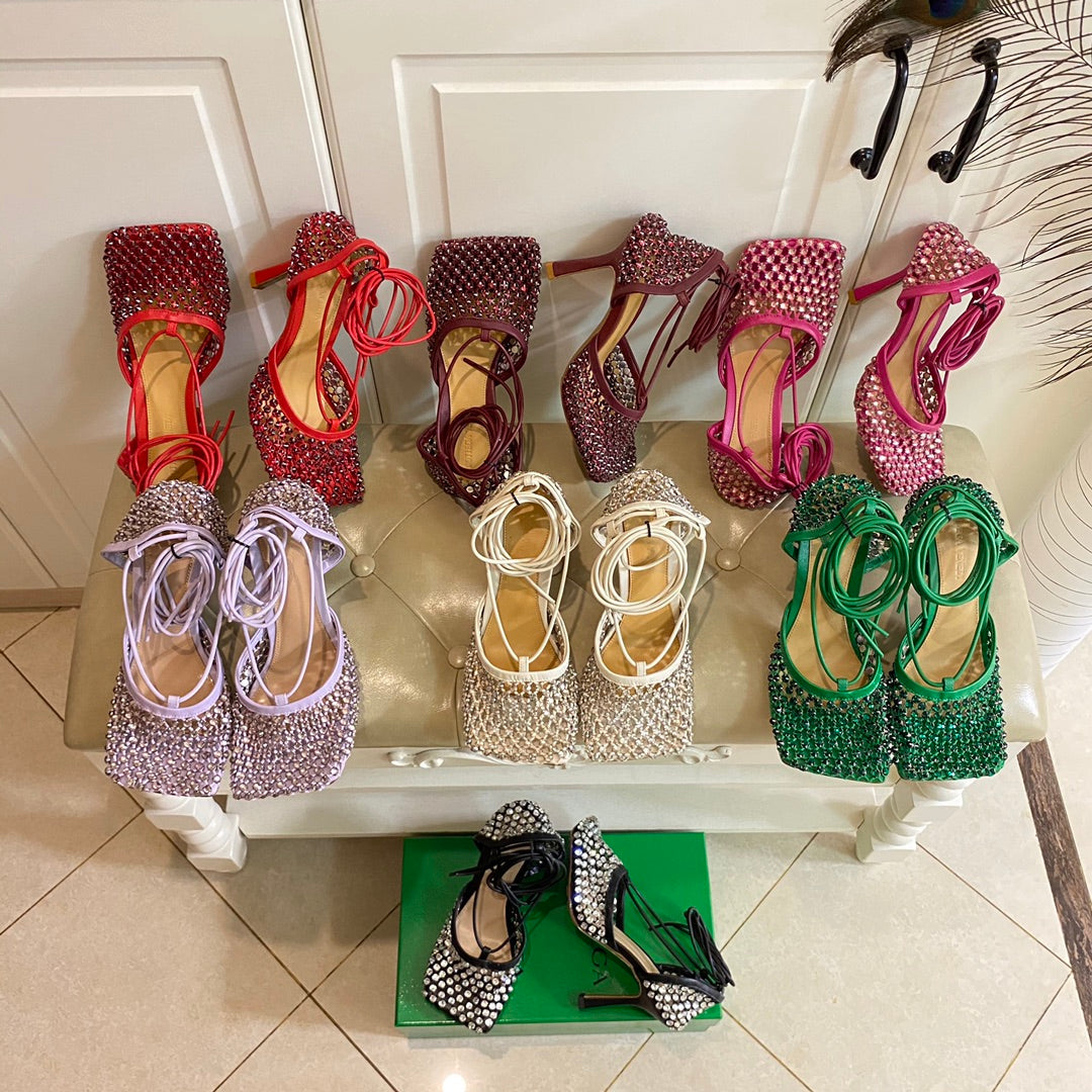 LACE-UP SANDAL IN BLACK METALLIZED MESH AND LEATHER WITH RHINSTONES 9 CM