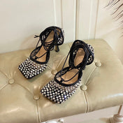 LACE-UP SANDAL IN BLACK METALLIZED MESH AND LEATHER WITH RHINSTONES 9 CM