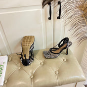 LACE-UP SANDAL IN BLACK METALLIZED MESH AND LEATHER WITH RHINSTONES 9 CM