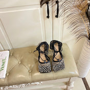 LACE-UP SANDAL IN BLACK METALLIZED MESH AND LEATHER WITH RHINSTONES 9 CM