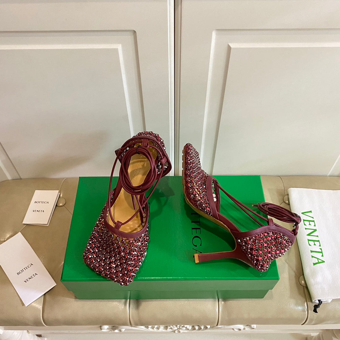 LACE-UP SANDAL IN SANGRIA RED METALLIZED MESH AND LEATHER WITH RHINSTONES 9 CM