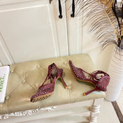 LACE-UP SANDAL IN SANGRIA RED METALLIZED MESH AND LEATHER WITH RHINSTONES 9 CM