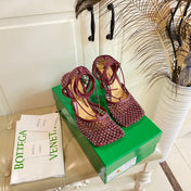 LACE-UP SANDAL IN SANGRIA RED METALLIZED MESH AND LEATHER WITH RHINSTONES 9 CM