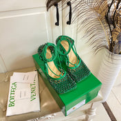 LACE-UP SANDAL IN COOL GREEN METALLIZED MESH AND LEATHER WITH RHINSTONES 9 CM