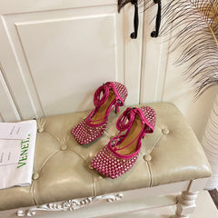 LACE-UP SANDAL IN PUNCH PINK METALLIZED MESH AND LEATHER WITH RHINSTONES 9 CM