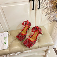 LACE-UP SANDAL IN CRIMSON RED METALLIZED MESH AND LEATHER WITH RHINSTONES 9 CM