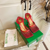 LACE-UP SANDAL IN CRIMSON RED METALLIZED MESH AND LEATHER WITH RHINSTONES 9 CM