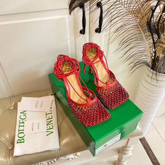 LACE-UP SANDAL IN CRIMSON RED METALLIZED MESH AND LEATHER WITH RHINSTONES 9 CM