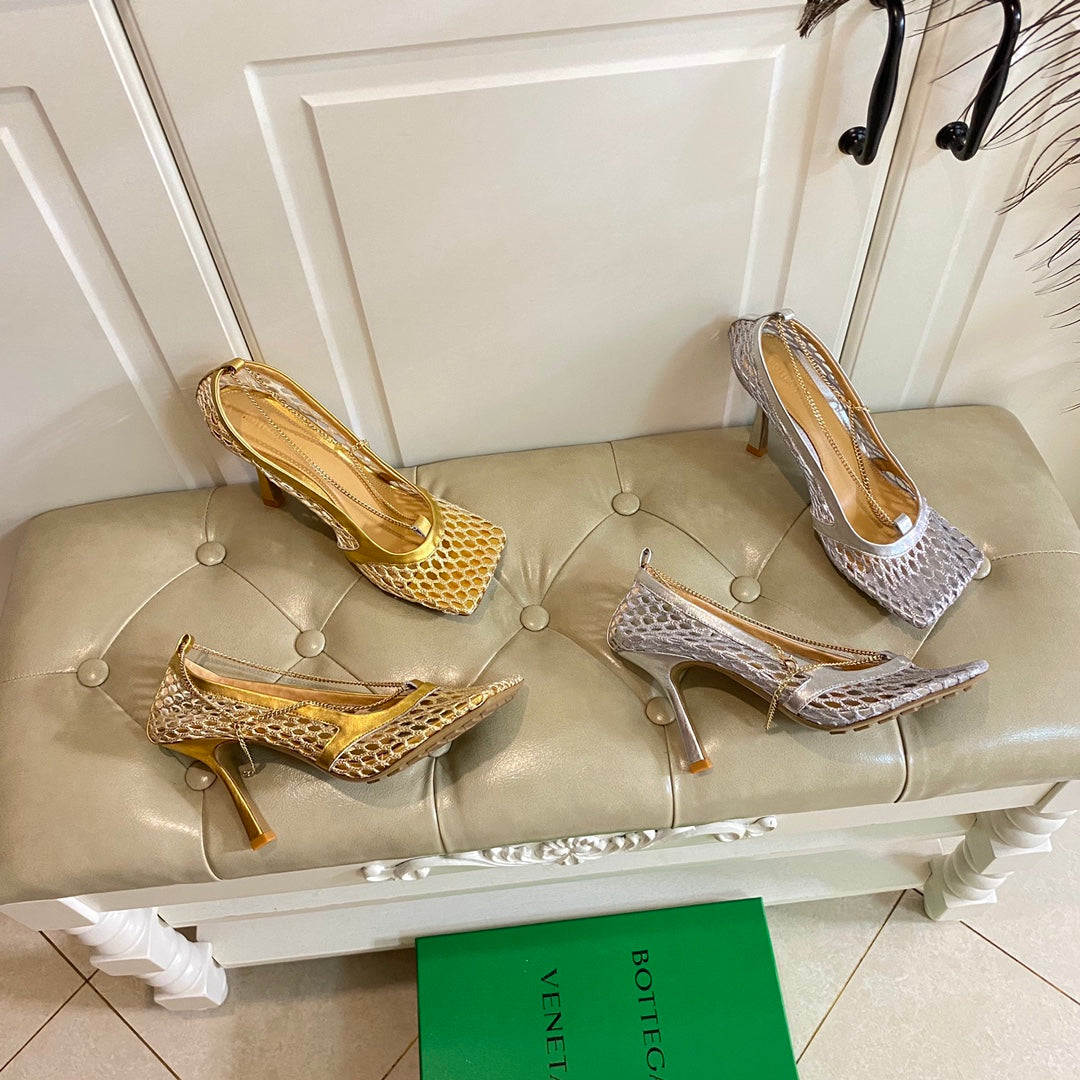 STRETCH LACE-UP SANDAL IN SILVER METALLIZED MESH AND LEATHER 9 CM