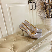 STRETCH LACE-UP SANDAL IN SILVER METALLIZED MESH AND LEATHER 9 CM