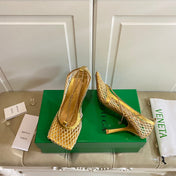 STRETCH LACE-UP SANDAL IN GOLD METALLIZED MESH AND LEATHER 9 CM