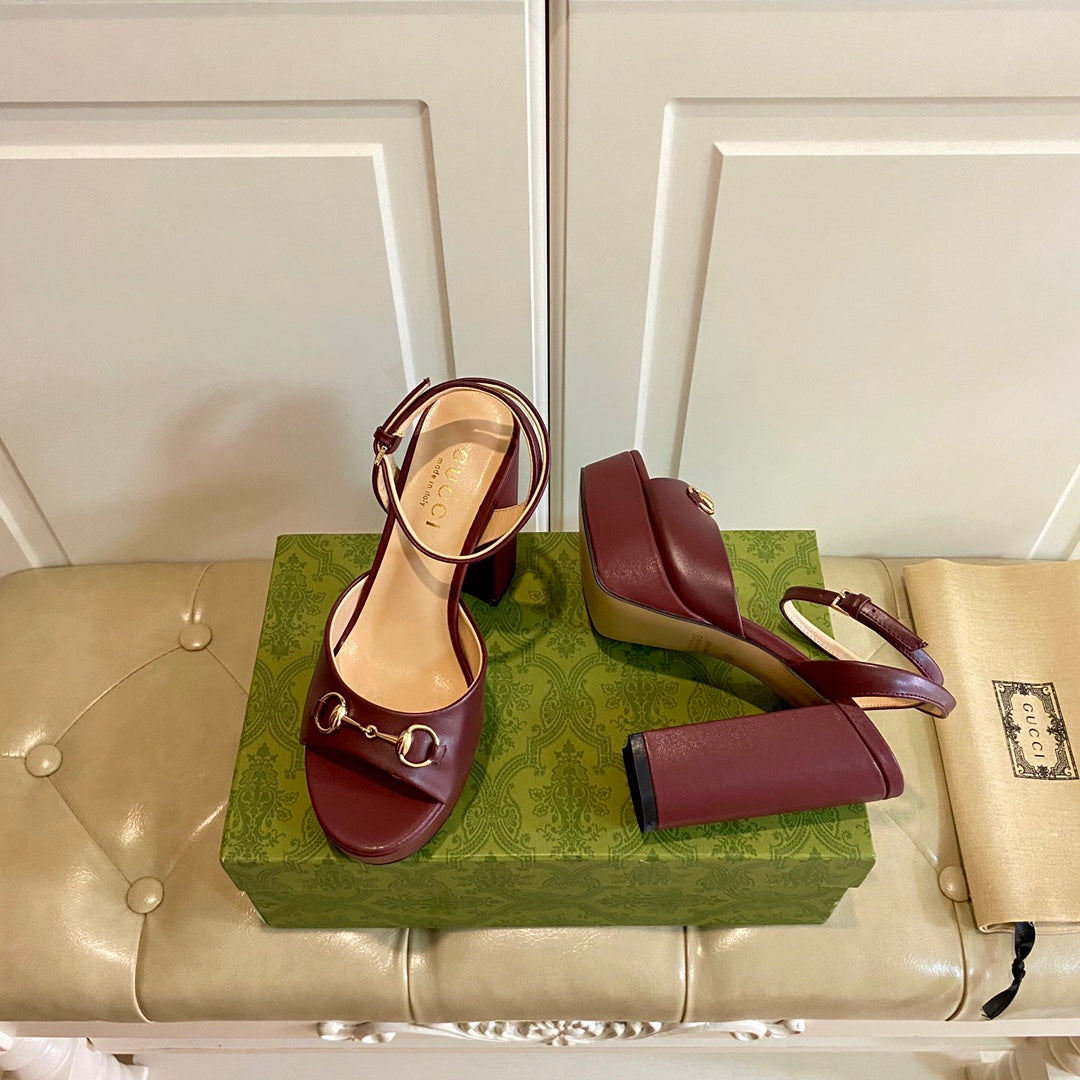 GG HORSEBIT PLATFORM SANDAL IN WINE RED SHEEPSKIN