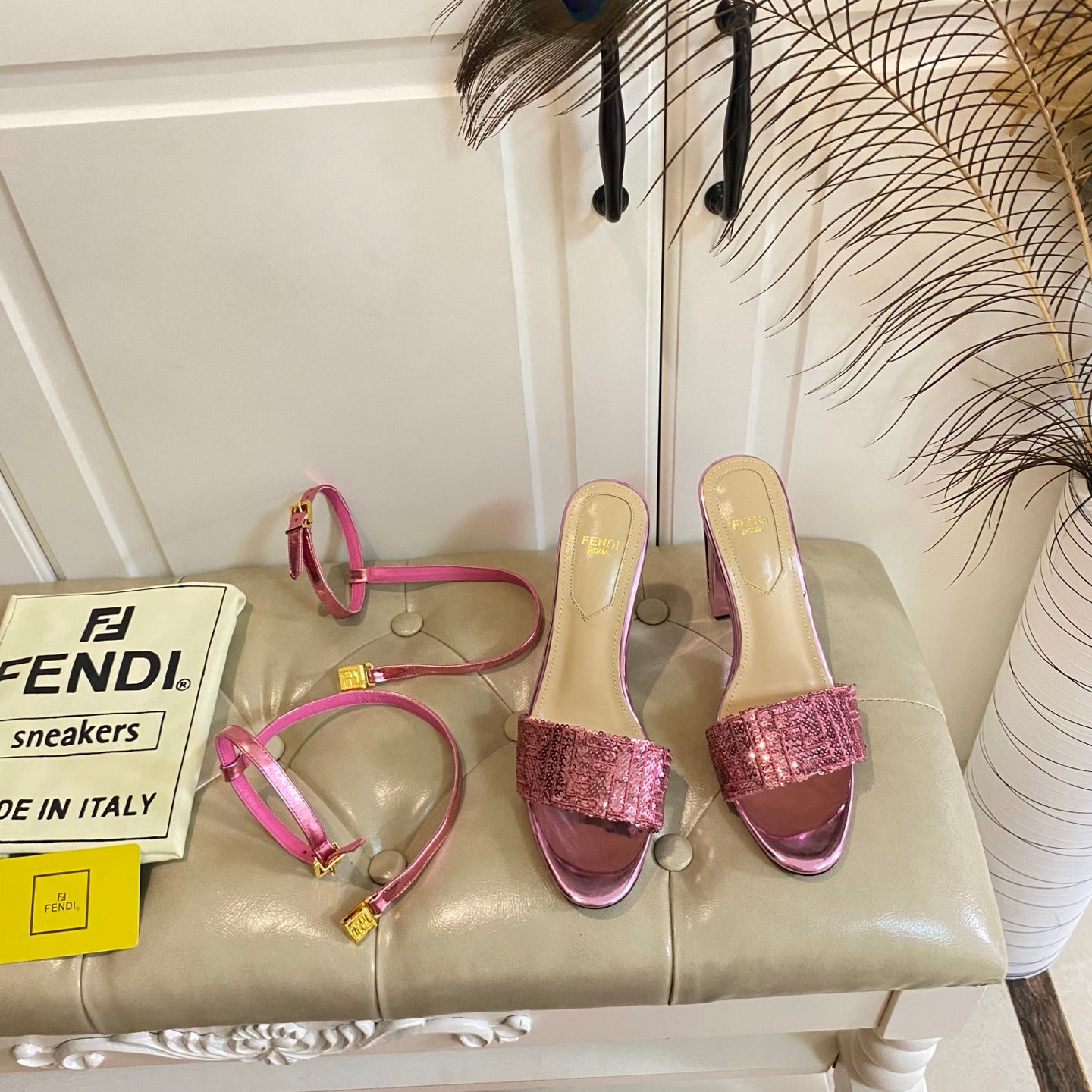 FF FIRST HIGH-HEEL 100MM IN METALLIC PINK CALFSKIN AND SEQUIN