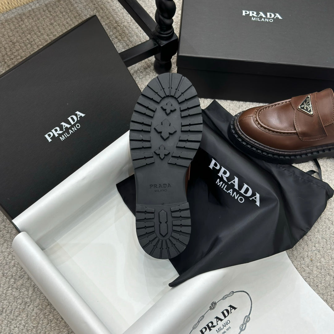 PRADA 25S LOAFER 50MM IN DARK BROWN CALFSKIN LOGO