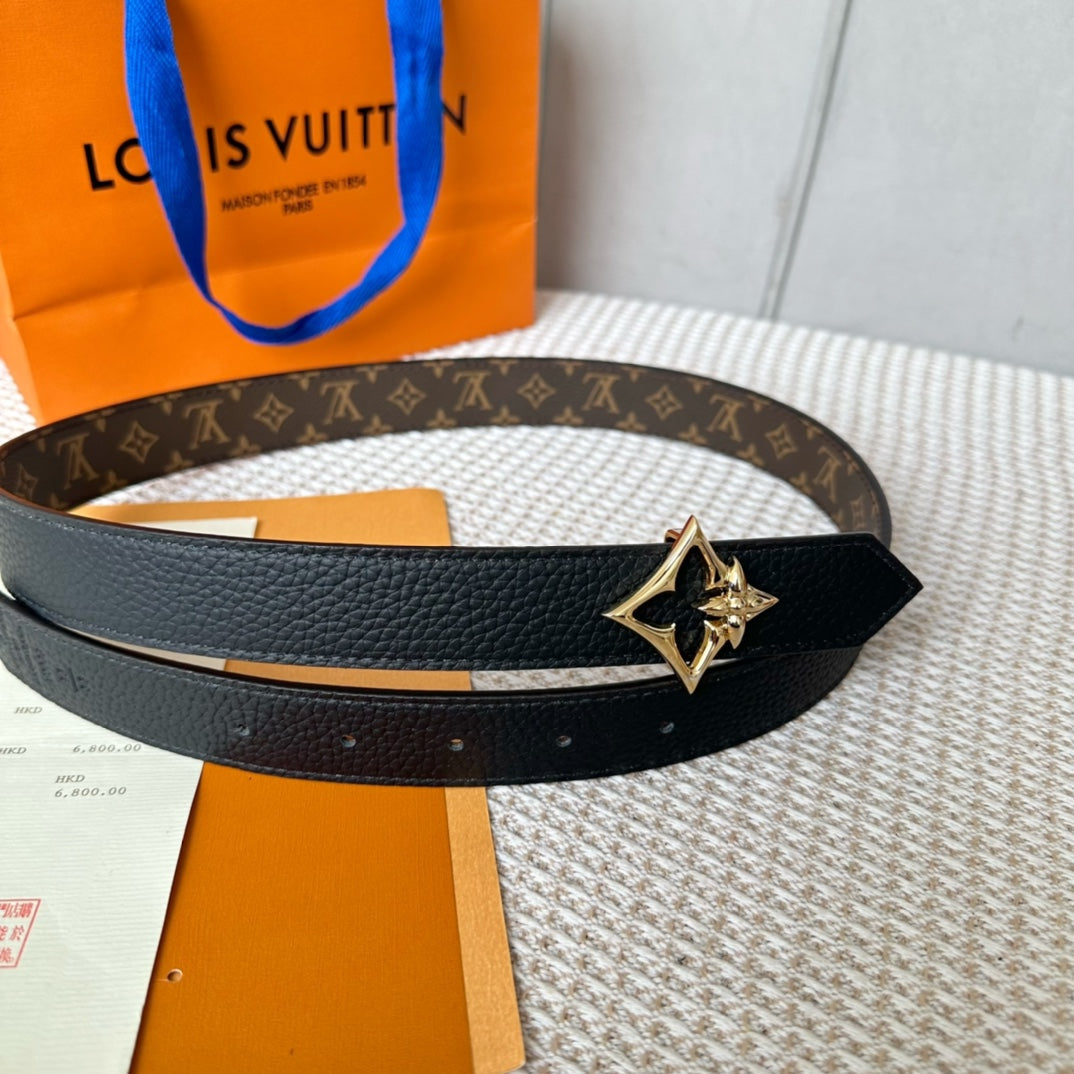 LV FLOWERGRAM 30MM REVERSIBLE BELT IN BLACK CALFSKIN GOLD HARDWARE