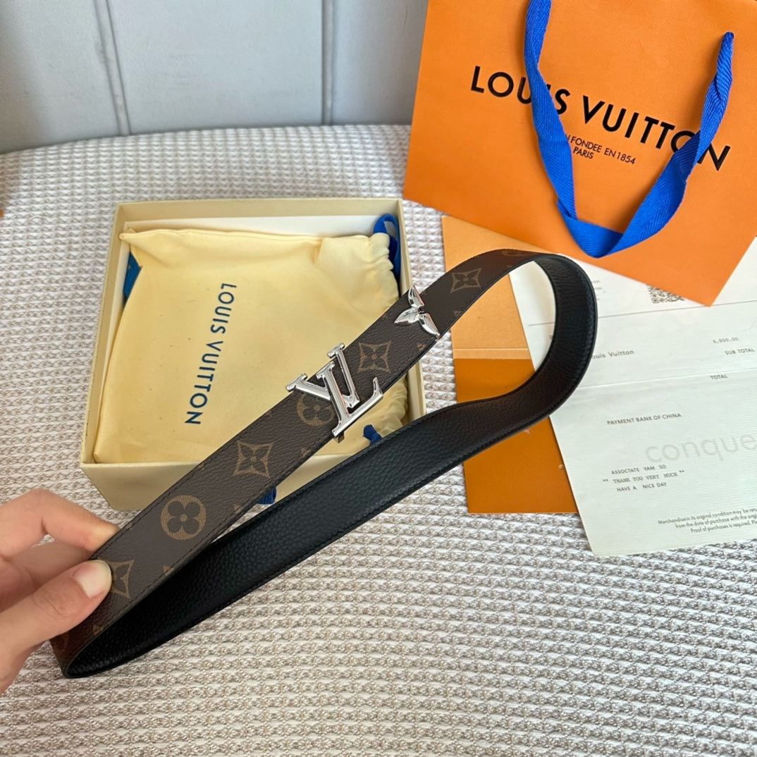 PRETTY LV 30MM REVERSIBLE BELT IN BLACK CALFSKIN SILVER HARDWARE