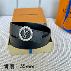 LV CIRCLE PEARL 35MM REVERSIBLE BELT IN BLACK CALFSKIN SILVER HARDWARE