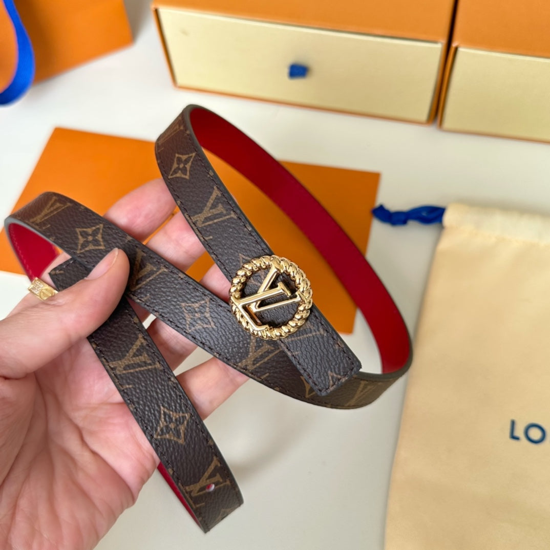 LV Circle Nautical 20mm Reversible Belt Gold Buckle Red Brown Lambskin