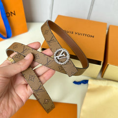 LV Circle Nautical 20mm Reversible Square End Tip Belt Silver Buckle Tan Light Brown lambskin