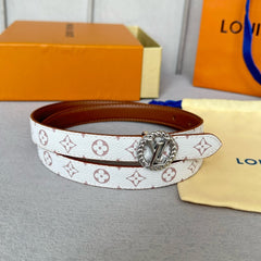 LV Circle Nautical 20mm Reversible Belt Silver Buckle Tan White Lambskin