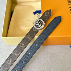 LV Circle Nautical 20mm Reversible Belt Silver Buckle Navy Blue Brown Leather