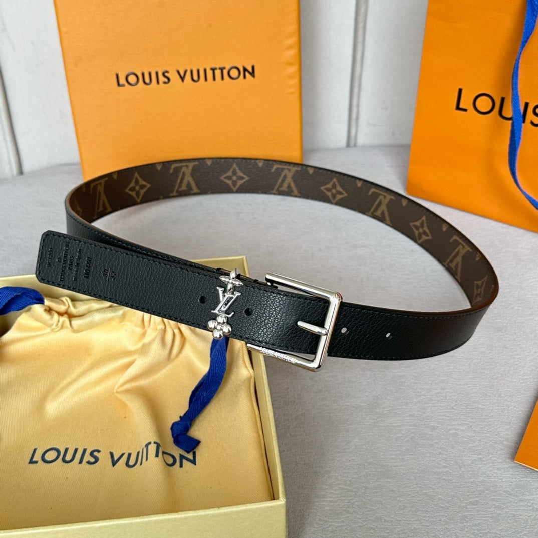 LV Bloom 30mm Belt Silver Buckle Black Brown Leather