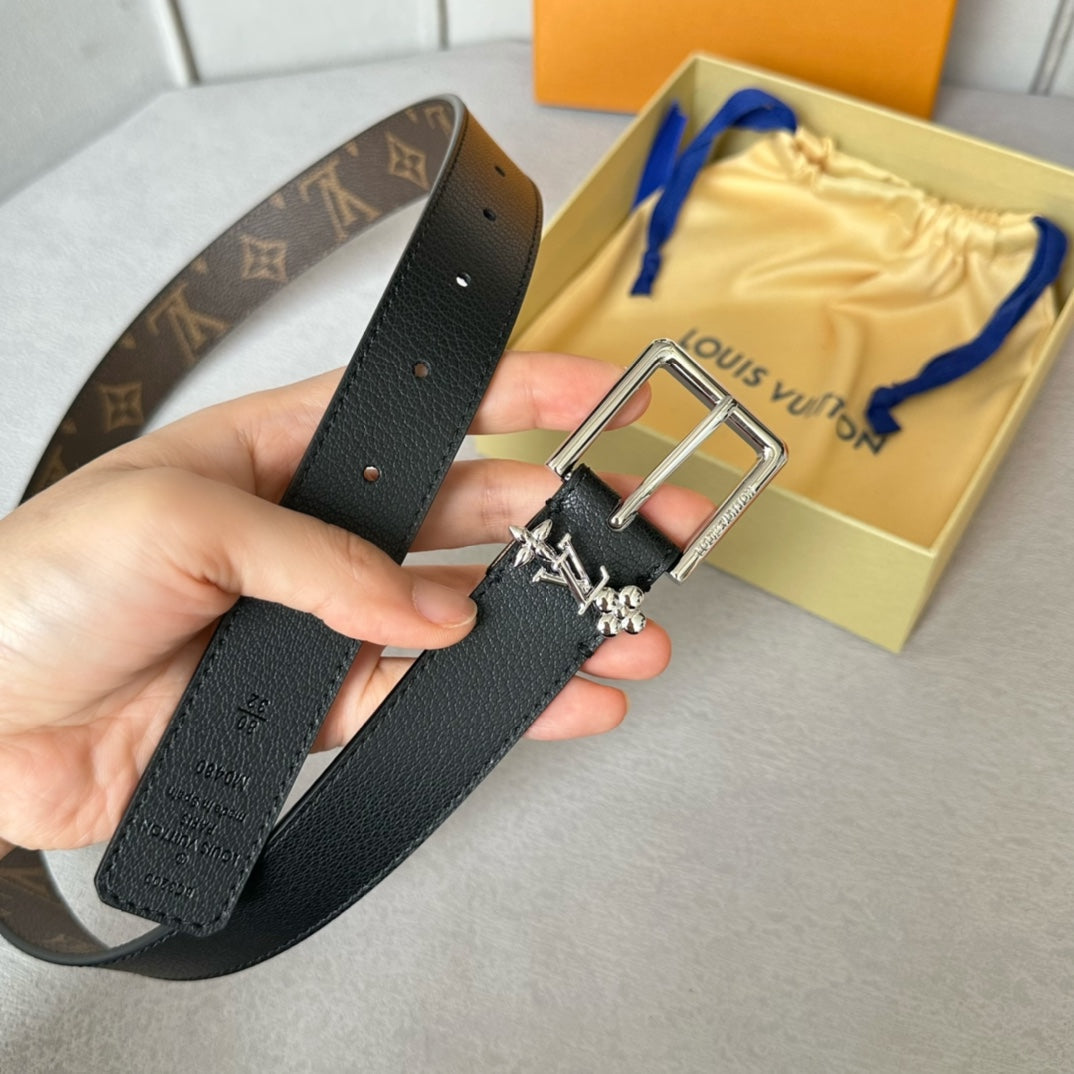 LV Bloom 30mm Belt Silver Buckle Black Brown Leather