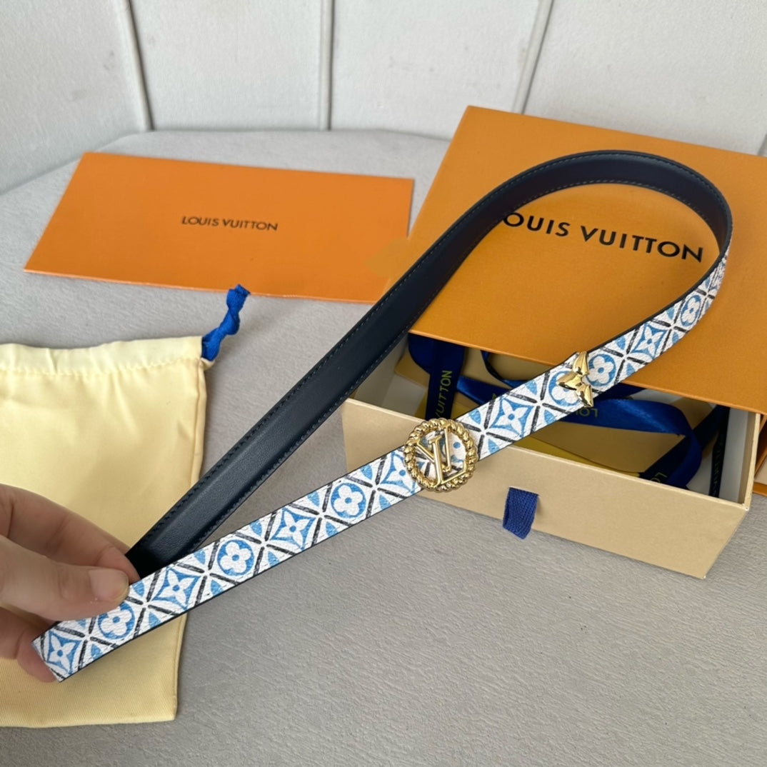 LV Circle Nautical 20mm Reversible Belt Gold Buckle Black White Blue Lambskin