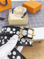 LV Bloom 30mm Belt Gold Buckle Black White Leather